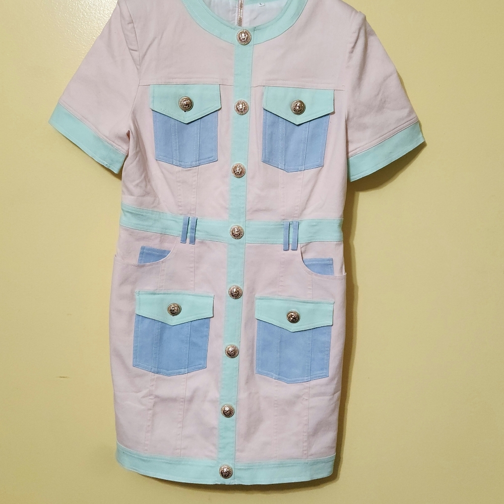 Rosedress denim pink blue aqua patch pocket dress. Size large